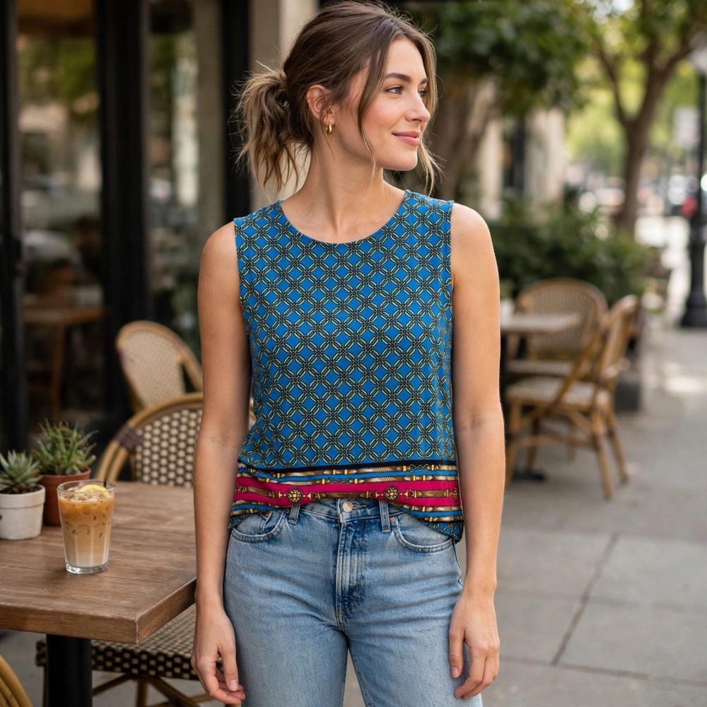 Rafaella Blue Geometric Print Sleeveless Tank Top Womens Size M